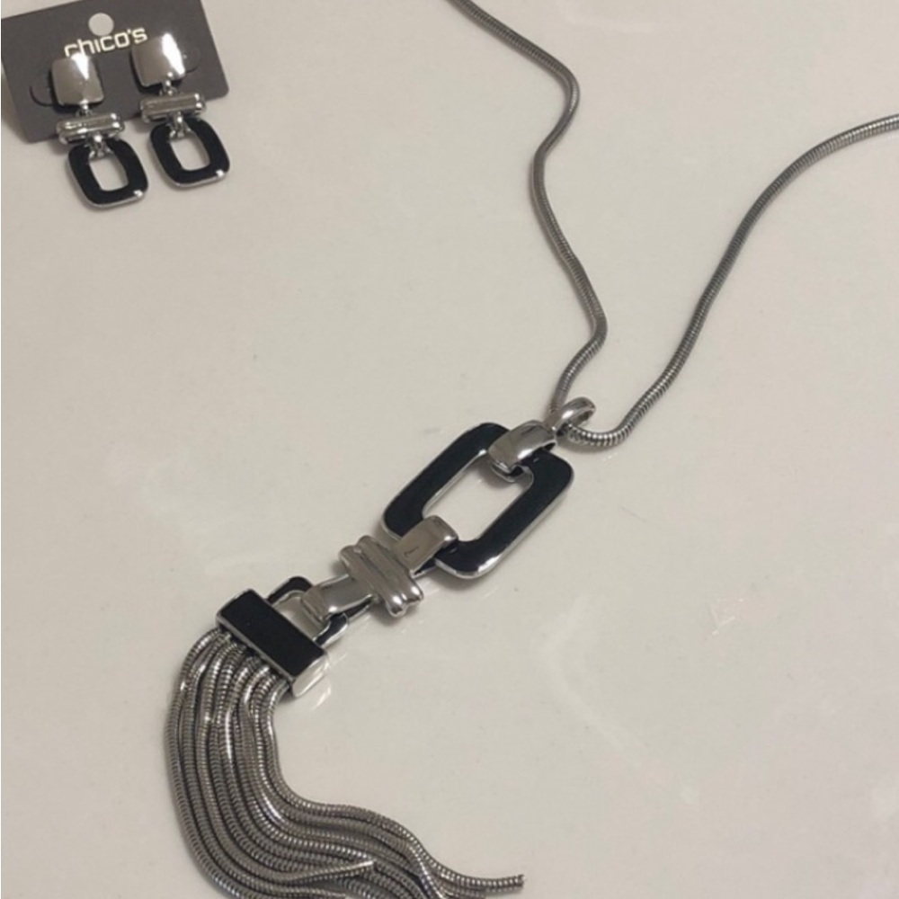 Chico’s Elegant Black and Silver Necklace and matching earrings set
